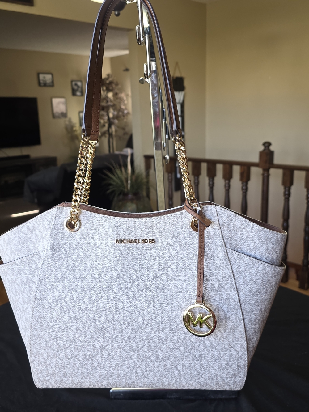 Michael Kors White Signature Tote with Brown Trim and Gold Hardware